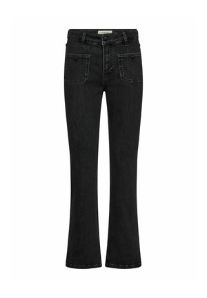 Vaqueros de mezclilla negros acampanados con cintura de medio talle, dos bolsillos delanteros y cierre clásico de botón. Textura suave con detalles sutiles de desgaste.