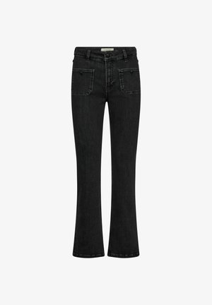 Mustad denimitõmmitsaga laienevad teksad keskmise kõrgusega vöökohaga, kahe eesmise tasku ja klassikalise nööpimisega. Sile tekstuur peente tuhmumisdetailidega.