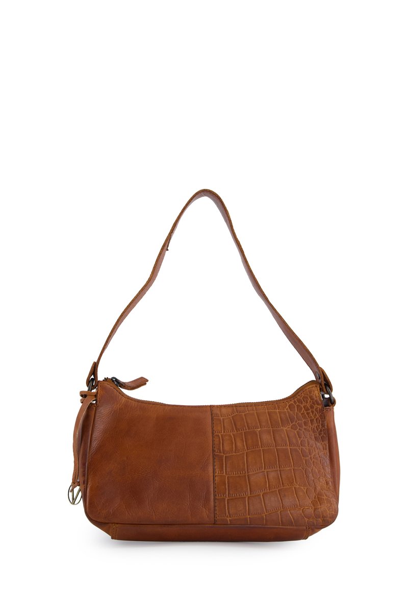 Brown leather handbag with a smooth and croc-embossed texture, featuring a curved strap and a zip closure. Compact, rectangular shape.