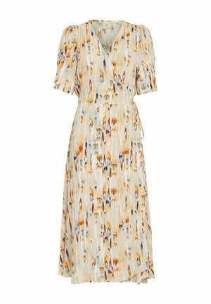Wrap kjole lavet af letvægtsstof med et gul, blå og brunt abstrakt mønster; korte pufærmer og bånd i taljen.