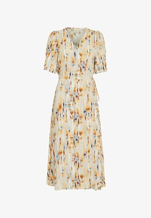 Wrap dress made of lightweight fabric with a yellow, blue, and brown abstract pattern; short puff sleeves and tie waist detail.