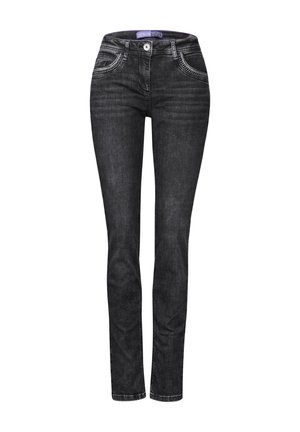 Jeans in denim neri con vestibilità slim, caratterizzati da una vita media, tasche frontali e dettagli di cucitura discreti. Tessuto liscio e design classico.