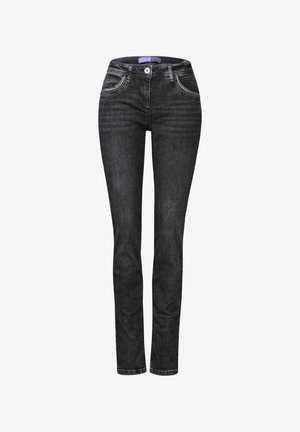 Black denim jeans with a slim fit, featuring a mid-rise waist, front pockets, and subtle stitching accents. Smooth texture and classic design.