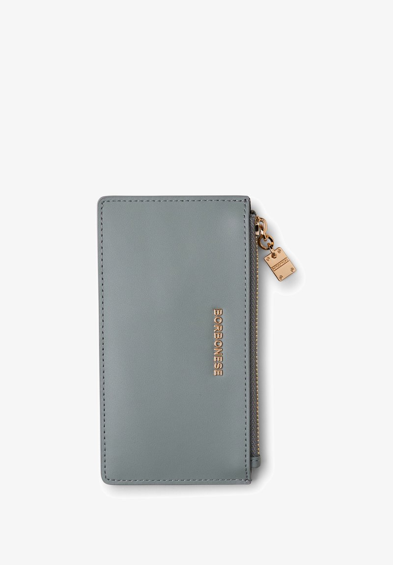 Grijze leren portemonnee met een slank ontwerp, voorzien van een gouden rits en het geperste merkteken, fijne stiksels langs de randen.