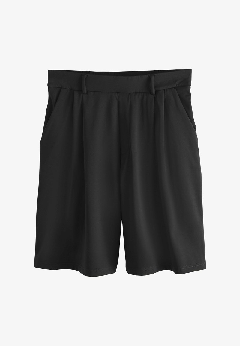 Shorts noirs tailleur mi-genoux avec passants pour ceinture, plis devant et poches latérales, présentés sur fond blanc.