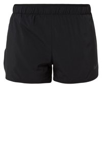 Pantalones cortos deportivos negros con cinturilla elástica y pequeño logo de Nike en la parte inferior de la pierna derecha, diseñados para correr o practicar deportes.