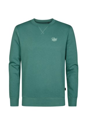 Grøn langærmet crewneck-sweatshirt med ribstrikkede manchetter og kant, med lille hvid kursiv tekst på venstre bryst.