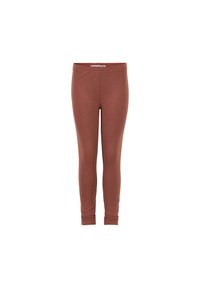 Leggings bordeaux en tissu doux et extensible ; design ajusté avec une taille lisse et des chevilles fuselées. Simple, sans motifs ni accents visibles.