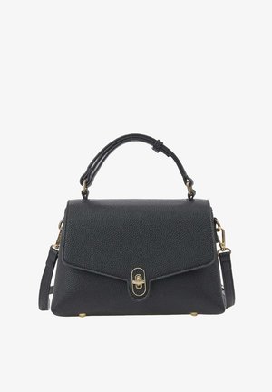 Bolso de mano de cuero negro texturizado con asa superior, cierre giratorio dorado y correa de hombro desmontable sobre fondo blanco.