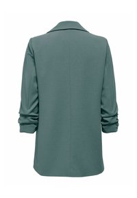 Vue arrière d'un blazer vert sarcelle à manches longues avec des manches froncées et un col plat sur fond blanc.