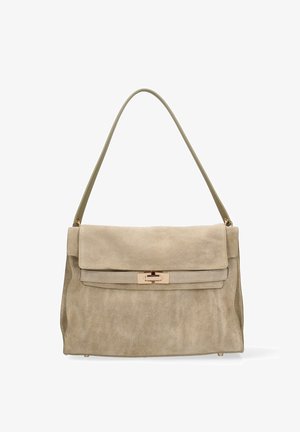 Beige suede handbag with a flap closure, rectangular shape, single top handle, and gold-tone rectangular clasp detail.