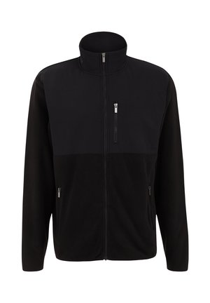 Musta takki, jossa on vetoketjullinen etuosa, sileä yläpaneeli ja pehmeä fleece-alareuna. Sisältää kaksi sivutaskua ja rinnustaskun.