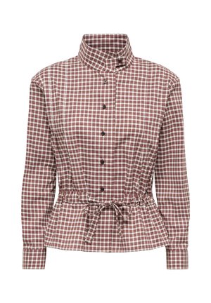 Blouse à manches longues à carreaux marron et blanc avec col montant, boutons noirs sur le devant et ceinture ajustable à la taille.