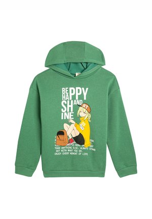 Zielona bawełniana bluza z kapturem z graficznym nadrukiem postaci. Zawiera przednią kieszeń i przestronny kaptur. Napis brzmi "Bądź szczęśliwy i świeć".