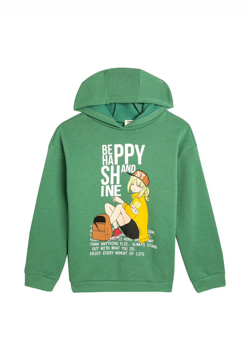 Groene katoenen hoodie met een grafische print van een personage. Bevat een voorkant zak en een ruime capuchon. De tekst luidt "WEES GELUKKIG EN STRAAL."