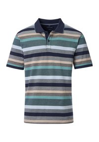 Striped polo shirt with short sleeves, featuring horizontal stripes in shades of blue, green, beige, and gray, with a navy collar.