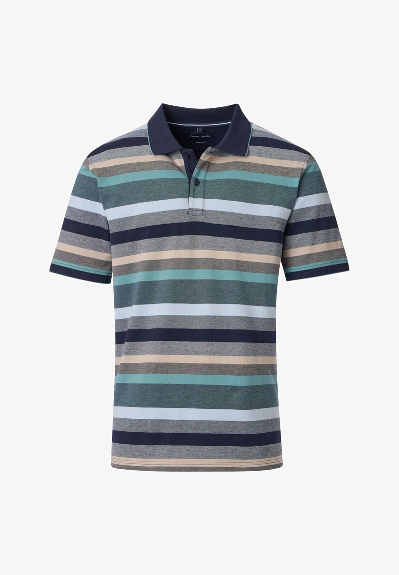 Striped polo shirt with short sleeves, featuring horizontal stripes in shades of blue, green, beige, and gray, with a navy collar.