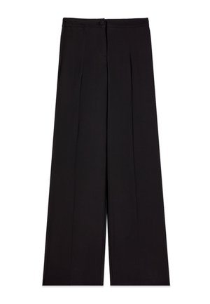 Black high-waist wide-leg trousers with front pleats and button closure at the waistband.