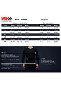 Fekete, hosszúujjú, slim fit póló, kerek nyakkivágással és vállvarrással. Tartalmazza a mérettáblázatot a mellbőség, derék és csípő méretekhez.