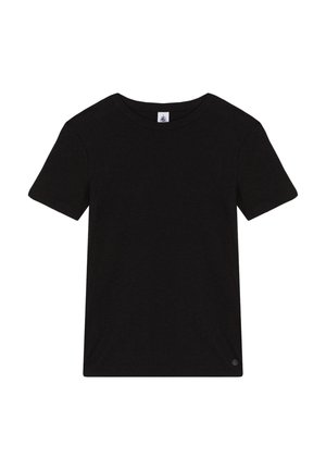 T-shirt noir à manches courtes en tissu doux, avec un col rond classique, une coupe droite et un petit détail de logo sur l'ourlet.