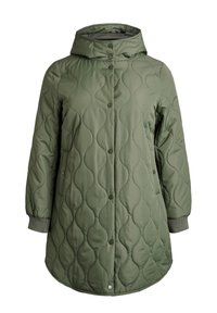 Zaļa dūnu jaka ar kapuci, aprīkota ar spiedpogām, elastīgiem aproču galiem un sānu kabatām. Gluds audums un apaļš raksta dizains.