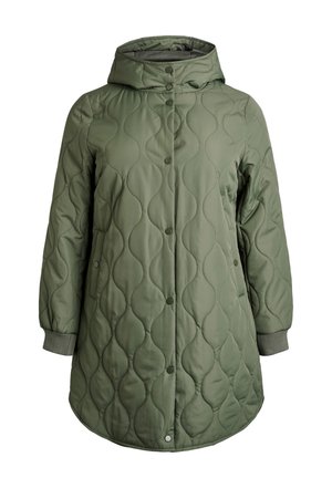 Puhastena zelena jakna z kapuco, opremljena z gumbi na pritrditev, elastičnimi manšetami in bočnimi žepi. Gladek material in zaobljen vzorec.