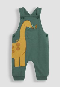Grüne Baumwoll-Arbeitsanzüge mit einer gelben Dinosaurier-Stickerei auf der Vordertasche, sowie braunen Flecken und Knopfakzenten an den Trägern.