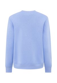 Helles blaues Sweatshirt mit Rundhalsausschnitt, langen Ärmeln und gerippten Bündchen und Saum. Hergestellt aus weichem, strukturiertem Stoff.
