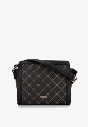 Czarna torebka na ramię ze złotym wzorem diamentowym i regulowanym paskiem, z małą złotą plakietką z logo „Wittchen” z przodu.