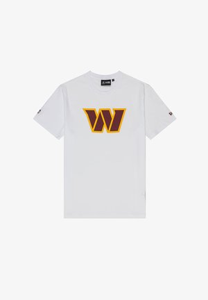 White cotton t-shirt featuring a large maroon and yellow stylized "W" logo on the front, with short sleeves and a crew neckline.