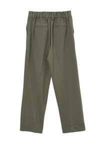 Pantaloni verde oliva realizzati in tessuto morbido, dotati di una vita arricciata, due tasche posteriori e polsini arrotolati all'orlo.