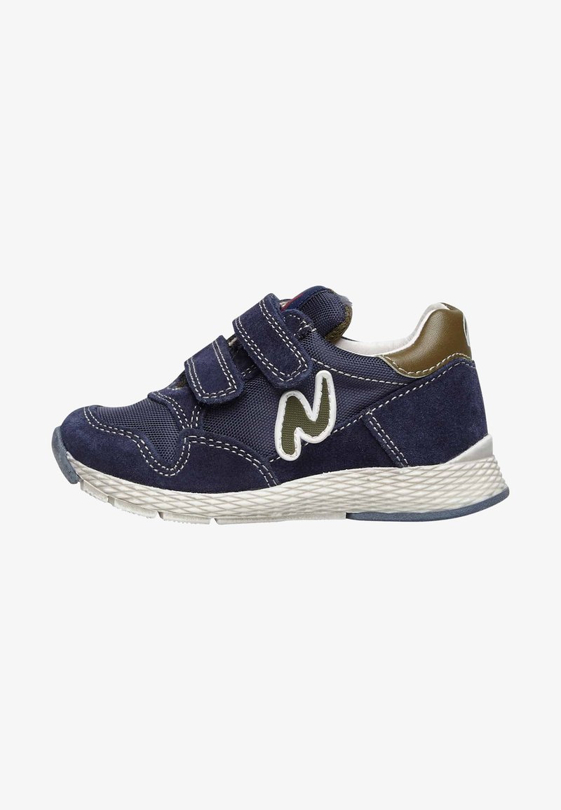 Sneaker blu navy con tomaia sintetica, due cinghie regolabili in velcro, dettagli bianchi e suola in gomma texturizzata. Dettaglio logo ricamato.