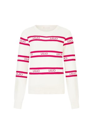 Maglione bianco con righe orizzontali rosa e testo "LIUJO". Maniche lunghe, collo rotondo e polsini e orlo a coste. Materiale in maglia morbida.