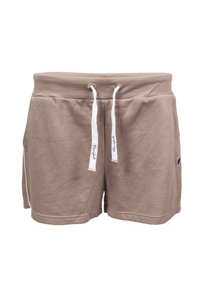 Shorts in cotone marrone con coulisse bianche con testo nero, vita elastica e un piccolo logo a forma di cuore sul lato sinistro.