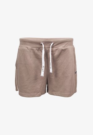 Shorts in cotone marrone con coulisse bianche con testo nero, vita elastica e un piccolo logo a forma di cuore sul lato sinistro.