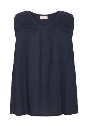 Tamsiai mėlynas be rankovių viršus su V formos iškirpte, pintomis detalėmis ant pečių ir laisvu, plačiu siluetu, pagamintas iš lengvos medžiagos.