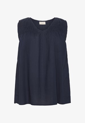 Tamsiai mėlynas be rankovių viršus su V formos iškirpte, pintomis detalėmis ant pečių ir laisvu, plačiu siluetu, pagamintas iš lengvos medžiagos.