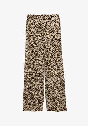 Leopard print wide-leg pants in beige and black, featuring a soft textured fabric and elastic waistband for comfort.