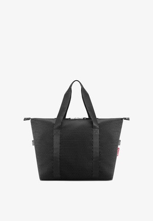 Schwarze Netz-Tragetasche mit doppelten Stoffgriffen, einem Reißverschluss und einer strukturierten Form; verfügt über ein strukturiertes Muster und minimale Markenkennzeichnung.