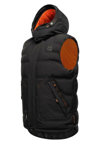 Chaleco acolchado negro con capucha forrada de felpa naranja, bolsillos con cremallera y parches de codo naranja en contraste. Presenta un tejido y costuras duraderas.