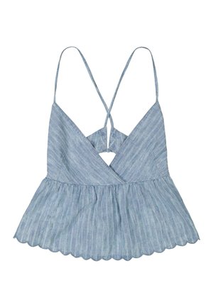 Ανοιχτό μπλε αμάνικο τοπ με λεπτά σταυρωτά λουριά, σχεδιασμό με τύλιγμα μπροστά, σφηκοειδή μέση και τελείωμα με κυματιστό σχέδιο.