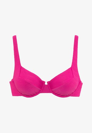 Fuksijų rožinės spalvos liemenėlė su formuotomis pošviniu puodeliais, tekstūriniais zigzagų raštais, reguliuojamomis juostelėmis ir kabliuko ir akies uždarymu gale.