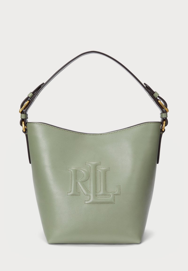 Zaļš ādas spainīša soma ar reljefu "RL" logotipu, gluda virsma, melns ādas siksna ar zelta detaļām.