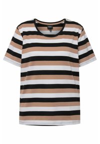 Camiseta a rayas con bandas horizontales en beige, blanco y negro. Cuello redondo clásico con mangas cortas, hecha de tela suave.