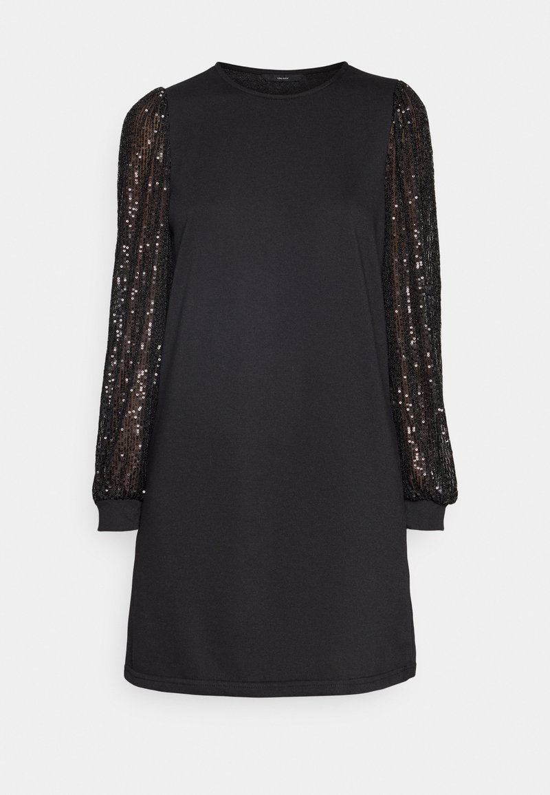 Schwarzes Kleid mit langen, mit Pailletten verzierten Ärmeln, rundem Ausschnitt und lockerer Passform. Glattes Material mit strukturierten Details an den Ärmeln.