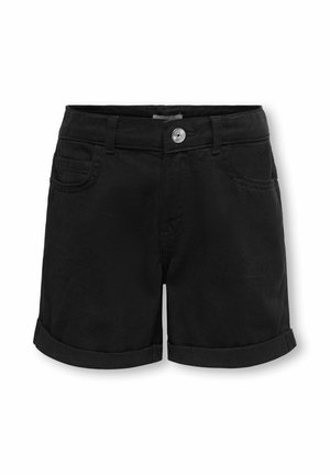 Shorts en jean noir avec revers roulés, fermeture à boutons sur le devant, passants pour ceinture et poches avant.