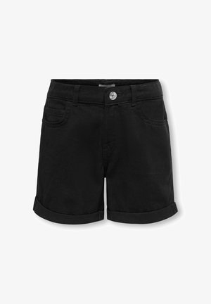 Shorts en jean noir avec revers roulés, fermeture à boutons sur le devant, passants pour ceinture et poches avant.