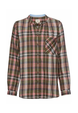 Geruite flanellen shirt in groen, bruin en rood. Knopsluiting aan de voorkant, kraag en één borstzak. Lange mouwen met knoopsluiting.