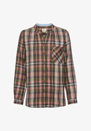 Geruite flanellen shirt in groen, bruin en rood. Knopsluiting aan de voorkant, kraag en één borstzak. Lange mouwen met knoopsluiting.