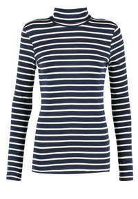 Maglia a maniche lunghe color blu navy con righe orizzontali bianche. Realizzata in tessuto morbido con un design aderente e un alto collo.